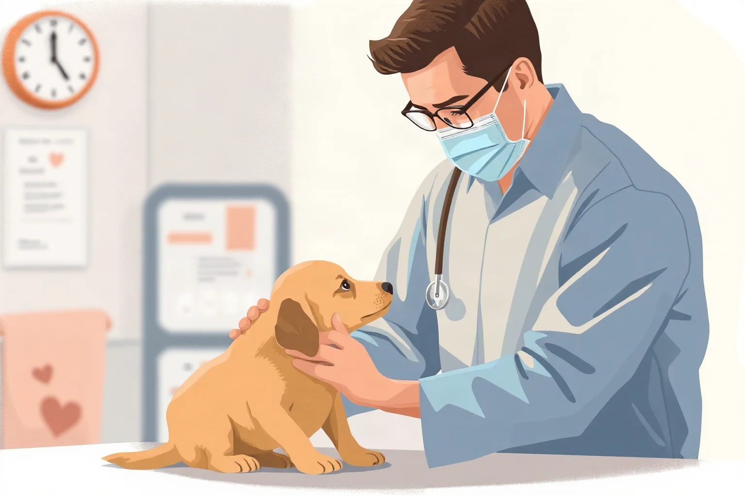 Illustration of a veterinarian gently examining a puppy in a soft clinical setting