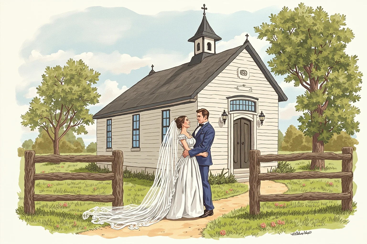 Illustration of a Victorian couple in wedding attire standing outside a country church
