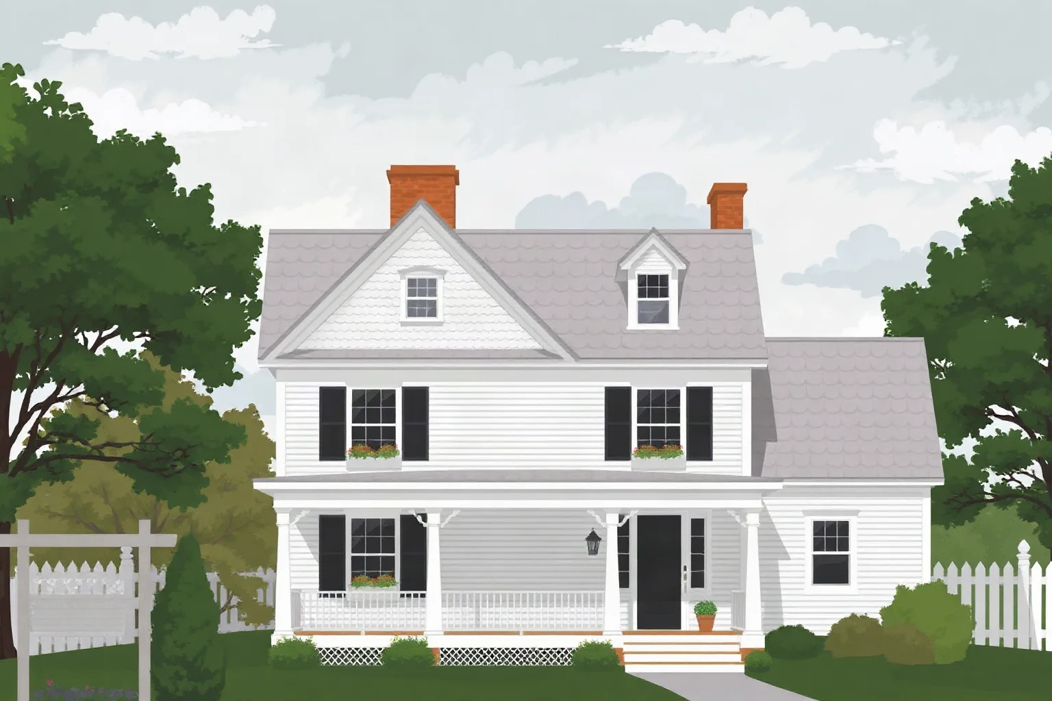 Illustration of a Victorian-era New England farmhouse exterior under overcast skies