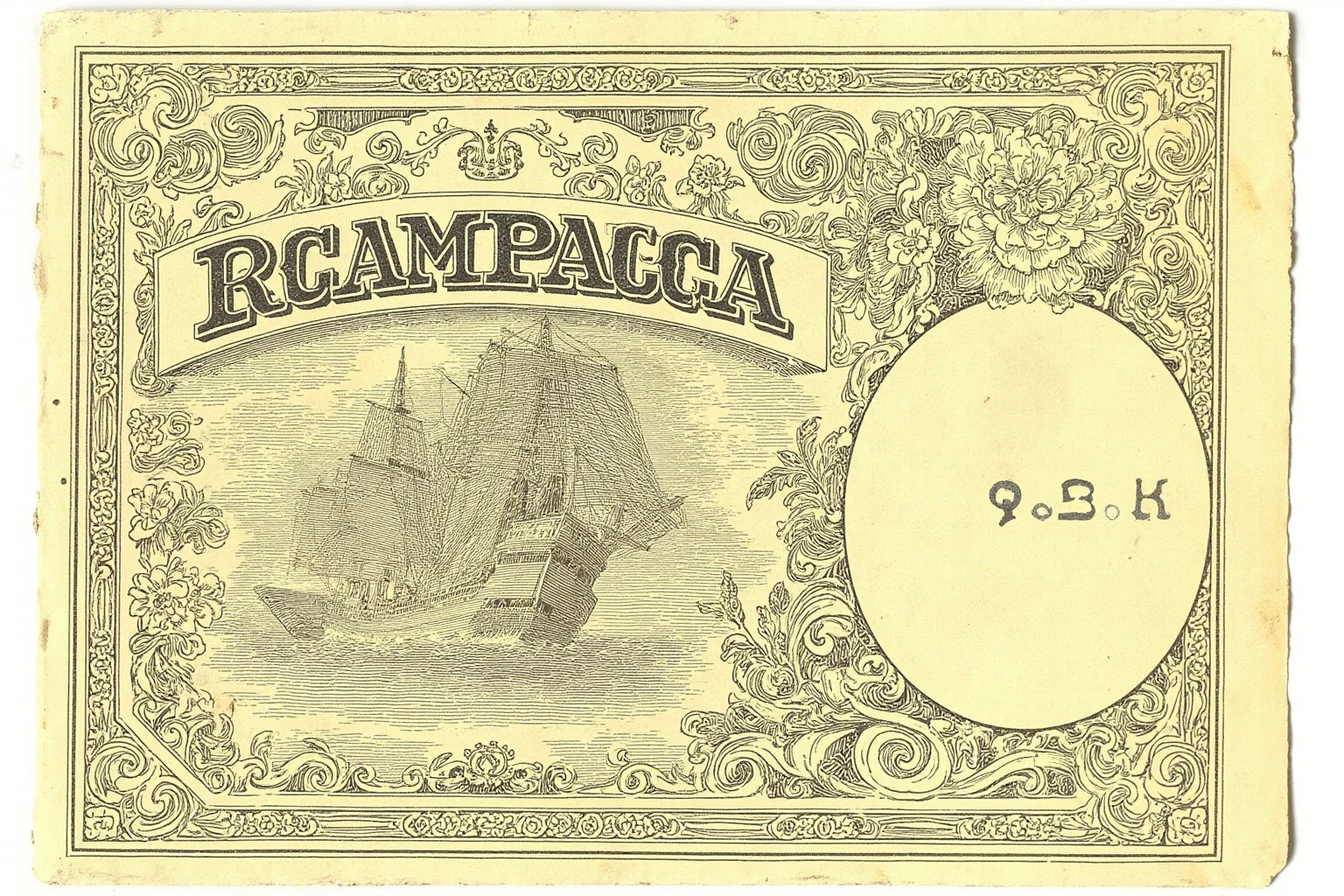 Illustration of a Victorian-era paper banknote design featuring botanical and ship motifs