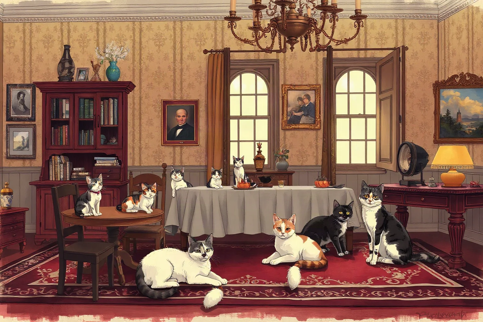 Illustration of a Victorian-era parlor with several cats lounging near a dinner table
