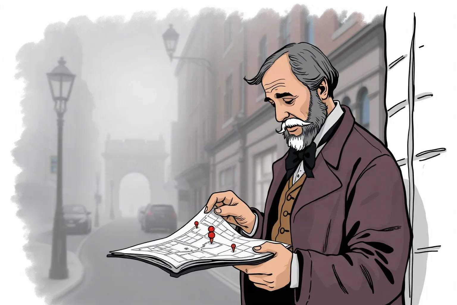 Illustration of a Victorian-era physician studying a hand-drawn city map with marked pins, foggy London street scene