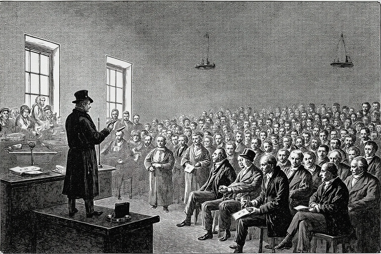 Illustration of a Victorian-era public lecture hall filled with an attentive audience mid-debate
