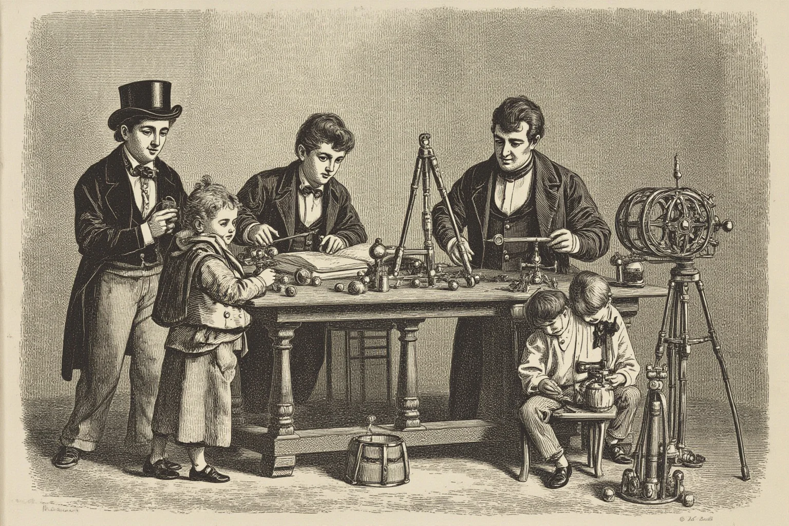 Illustration of a Victorian family gathered around a study table, children playing near scientific instruments
