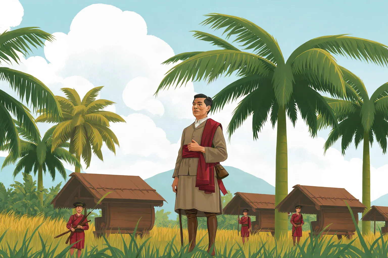 Illustration of a Vietnamese independence leader in simple attire addressing villagers beneath tropical trees