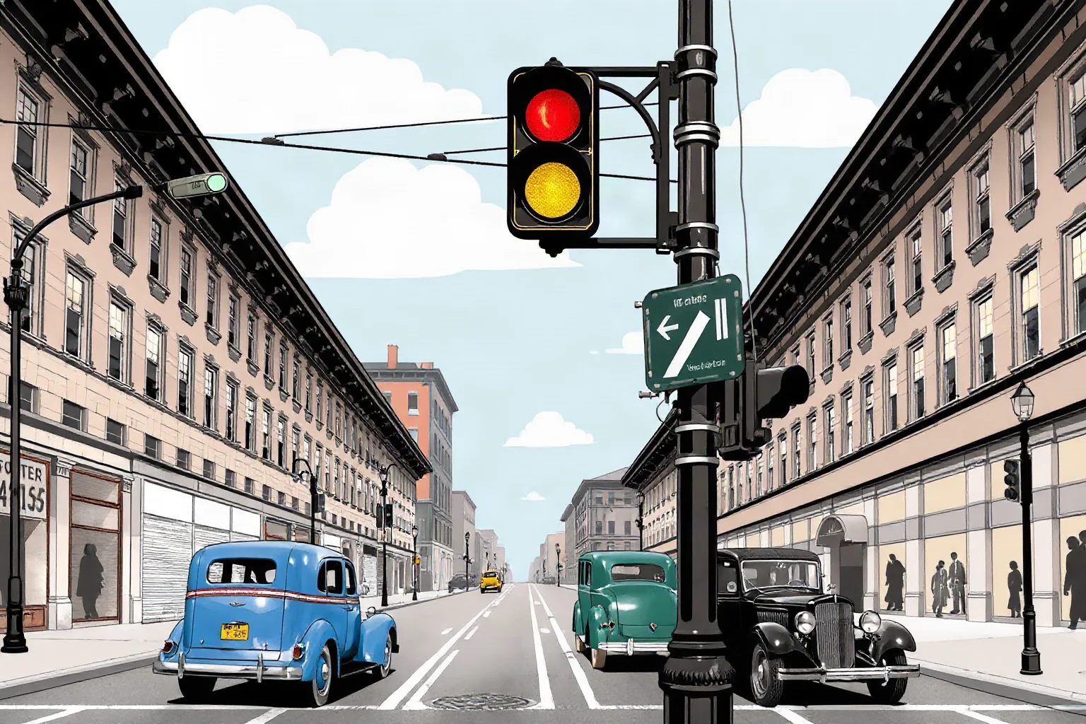 Illustration of a vintage 1920s street intersection with an early automatic traffic signal and old cars