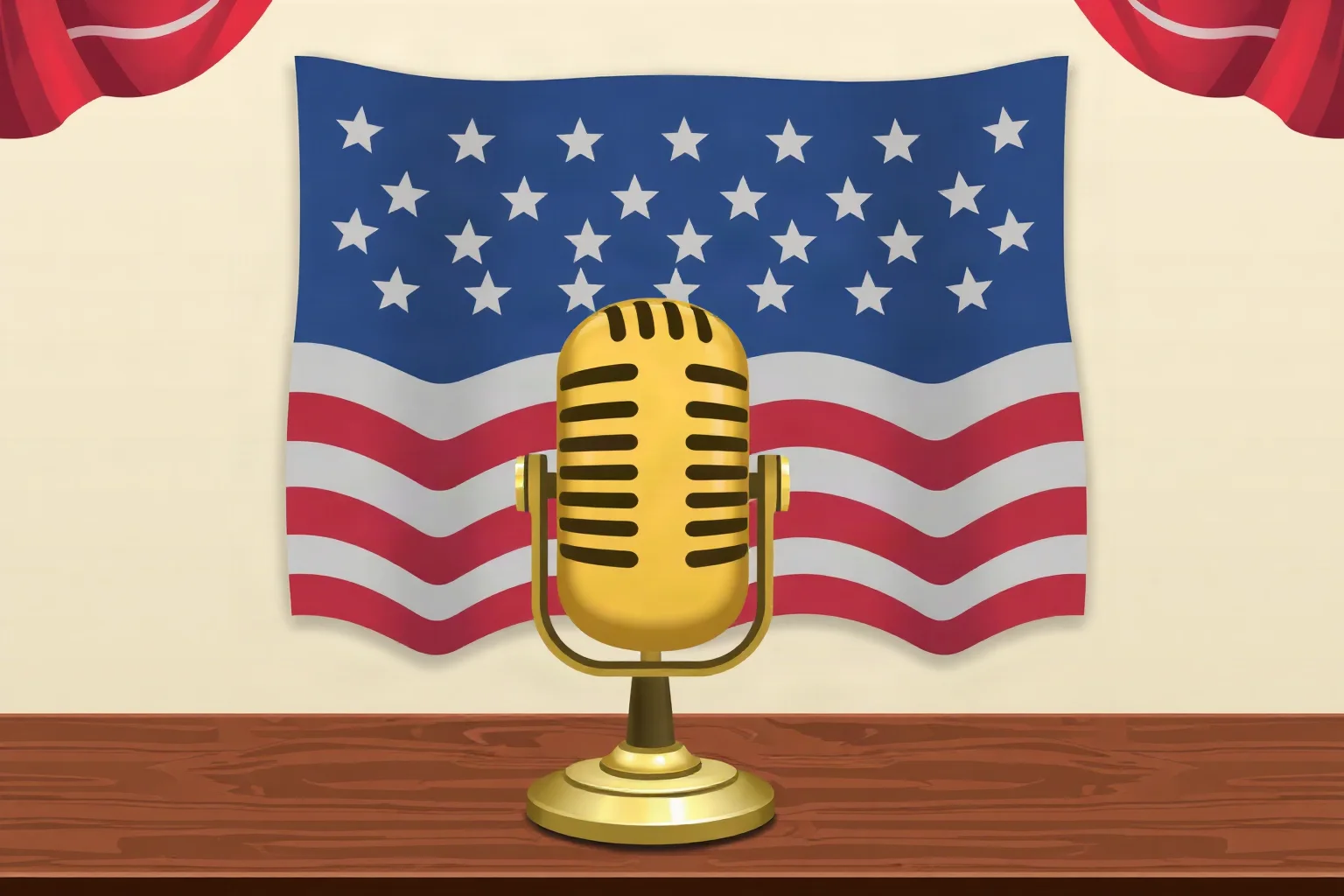 Illustration of a vintage 1930s radio microphone on a wooden desk in front of an American flag