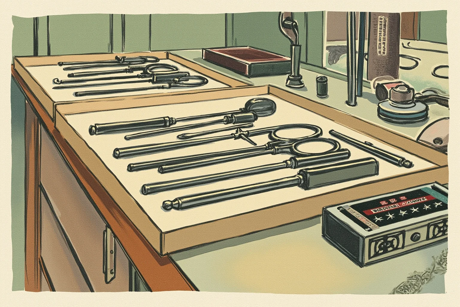 The Worst Inventions of All Time, Ranked 17 Illustration of a vintage 1940s doctor's office with an old surgical instrument tray, muted colors
