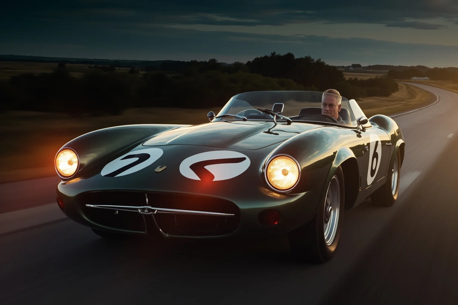 Illustration of a vintage 1950s sports car on a dusky rural highway, motion blur, cinematic tension