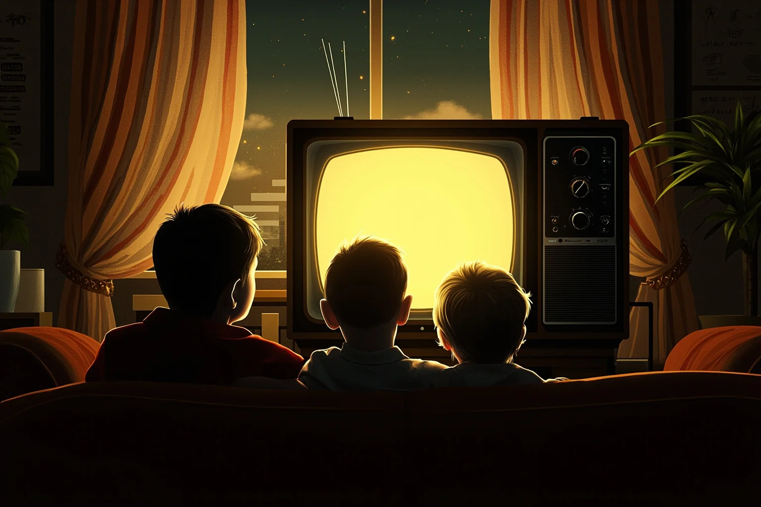 Walt Disney: 10 Controversies That Haunt Him & 10 Ways He Changed the World 19 Illustration of a vintage 1950s television set glowing in a cozy living room, family silhouettes watching together