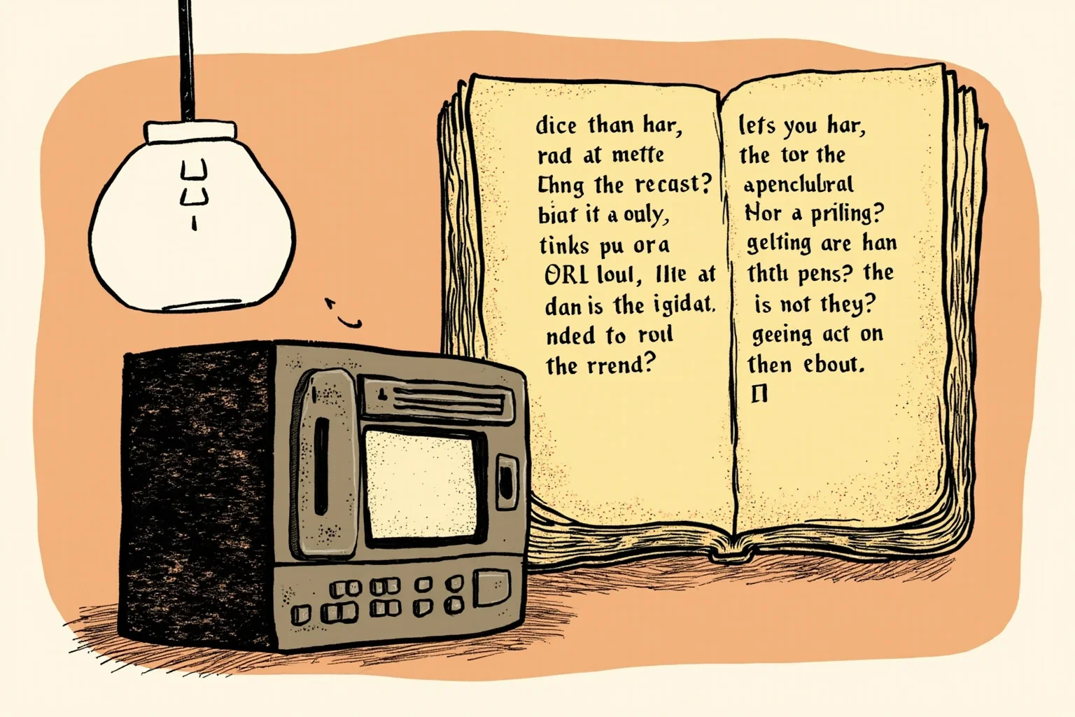 Illustration of a vintage computer terminal beside an ancient manuscript, symbolizing a myth being questioned