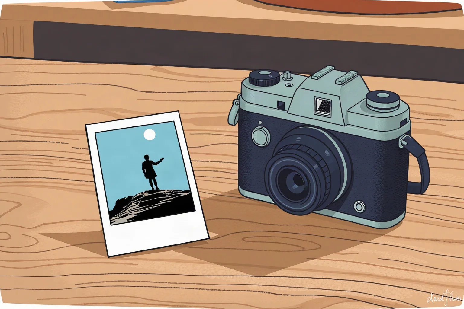 Illustration of a vintage instant camera and a freshly developing photograph on a wooden table, 1940s style