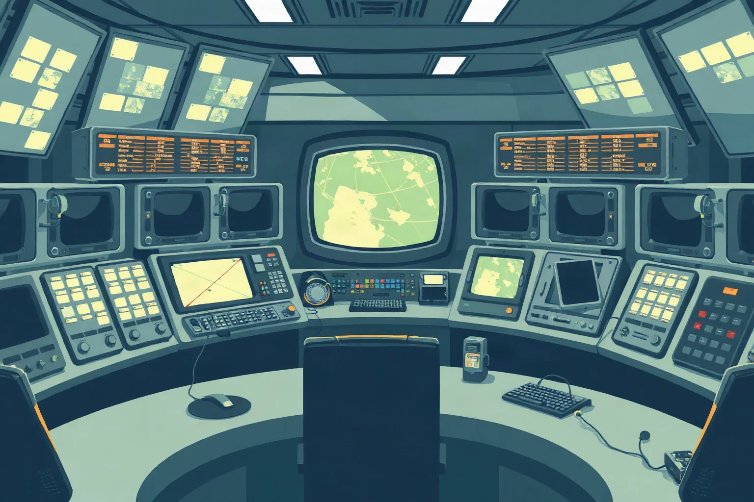 Illustration of a vintage mission control room with control panels, monitors, and headset microphones