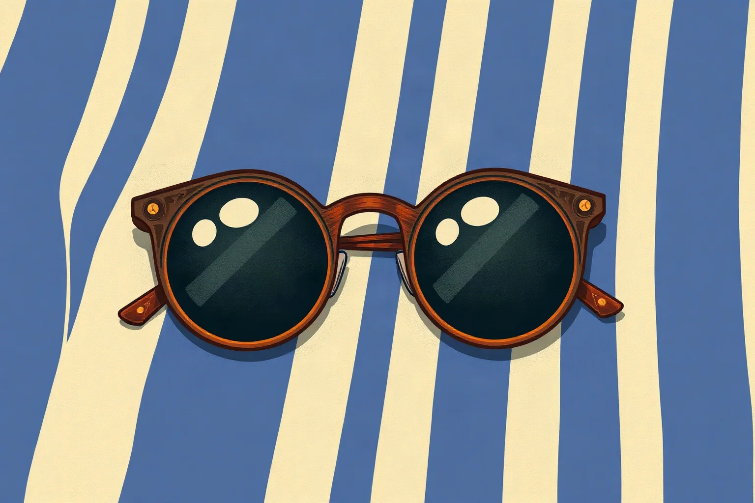 Illustration of a vintage pair of round sunglasses resting on a striped beach towel, 1920s seaside scene