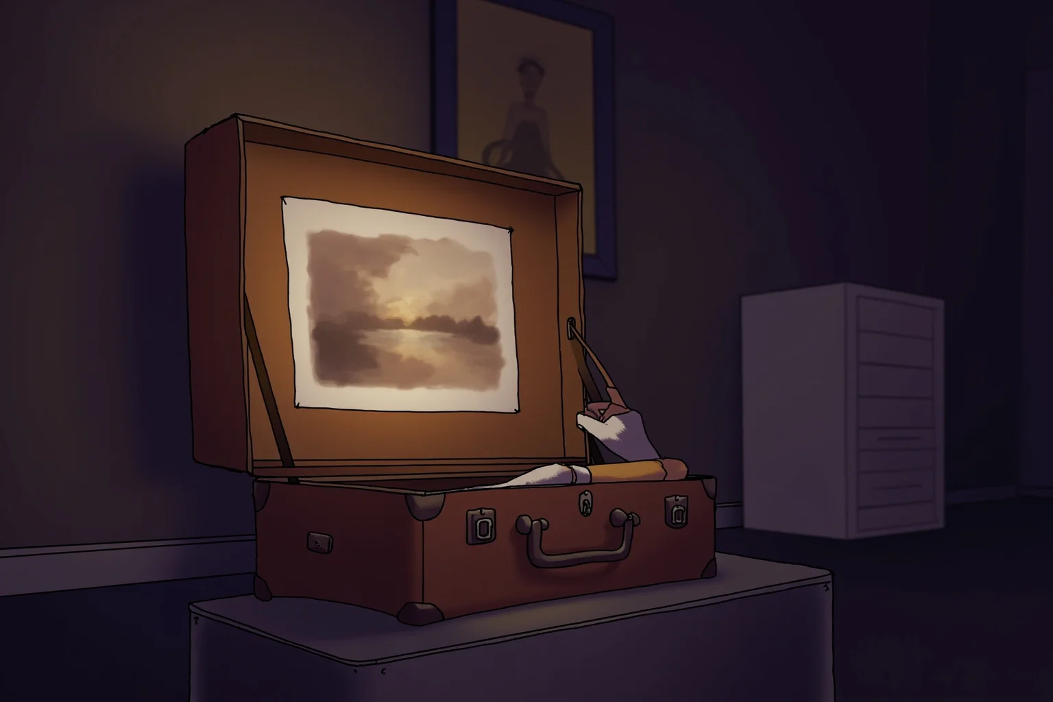 The Louvre Is No Stranger to Losing Millions: Inside the Museum's Biggest Heists 8 Illustration of a vintage suitcase being opened to reveal a hidden framed painting, dim apartment setting