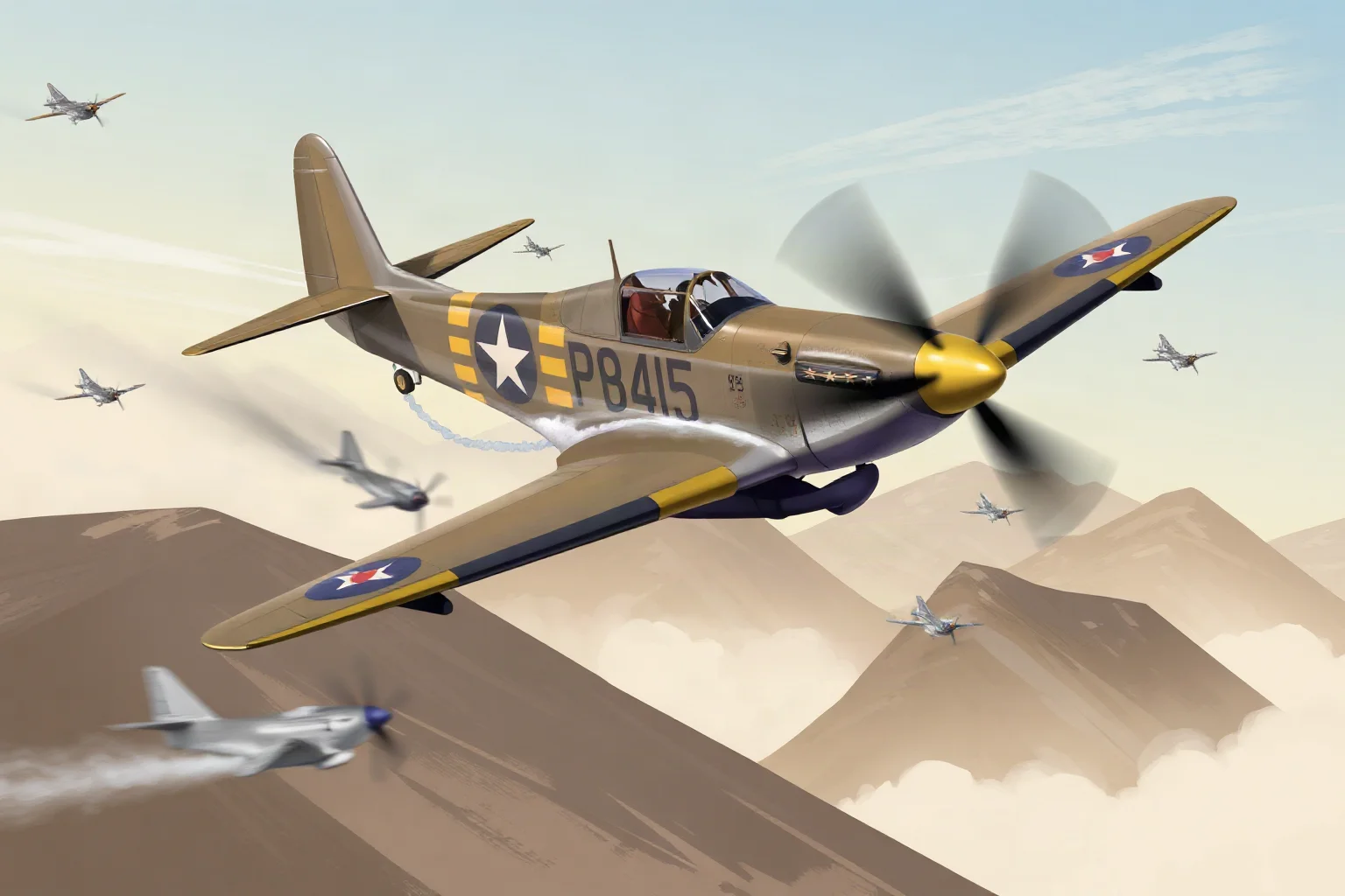 Illustration of a vintage WWII-era propeller fighter plane in a dogfight over hills