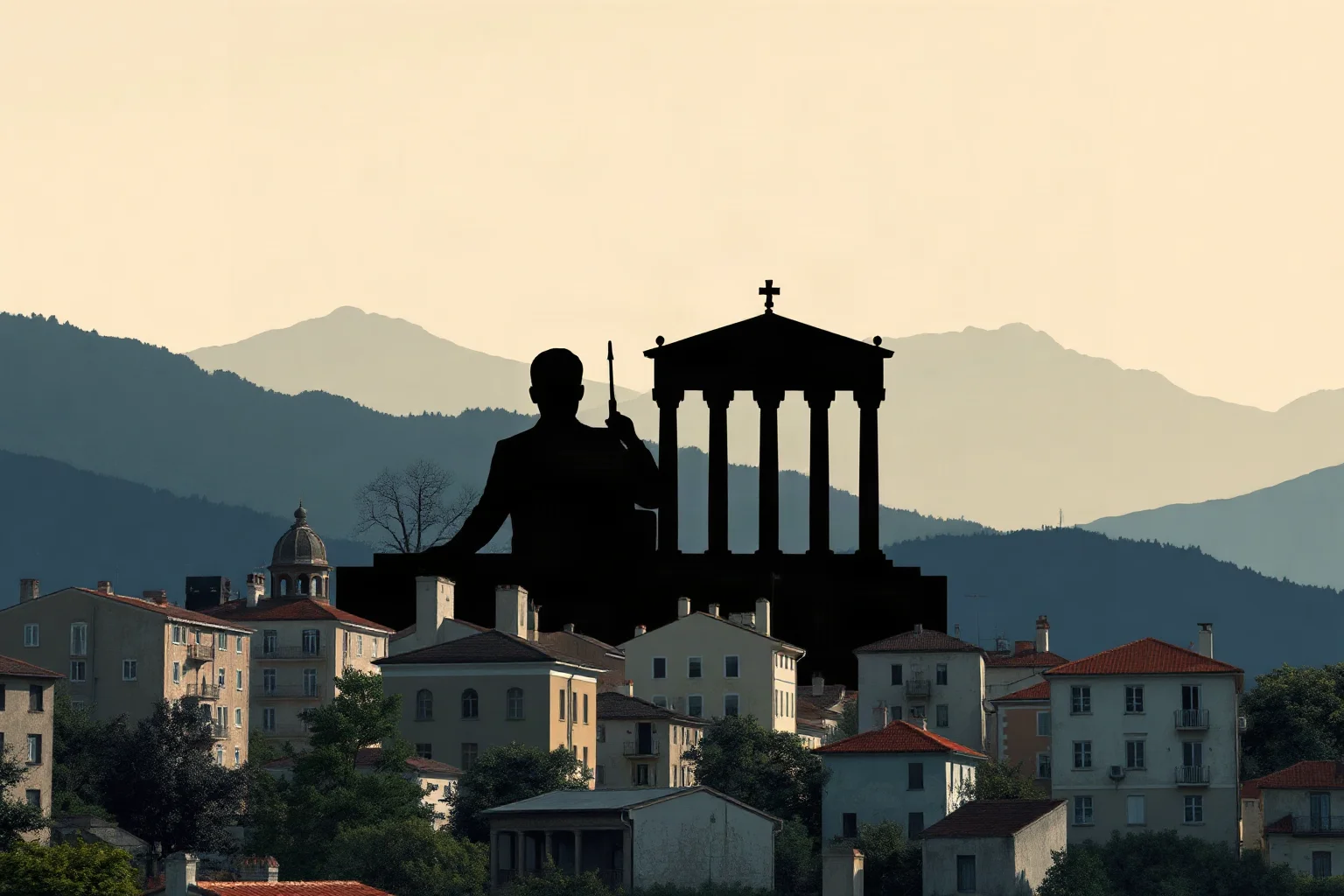 Illustration of a war-torn Balkan city skyline with a courtroom silhouette overlay