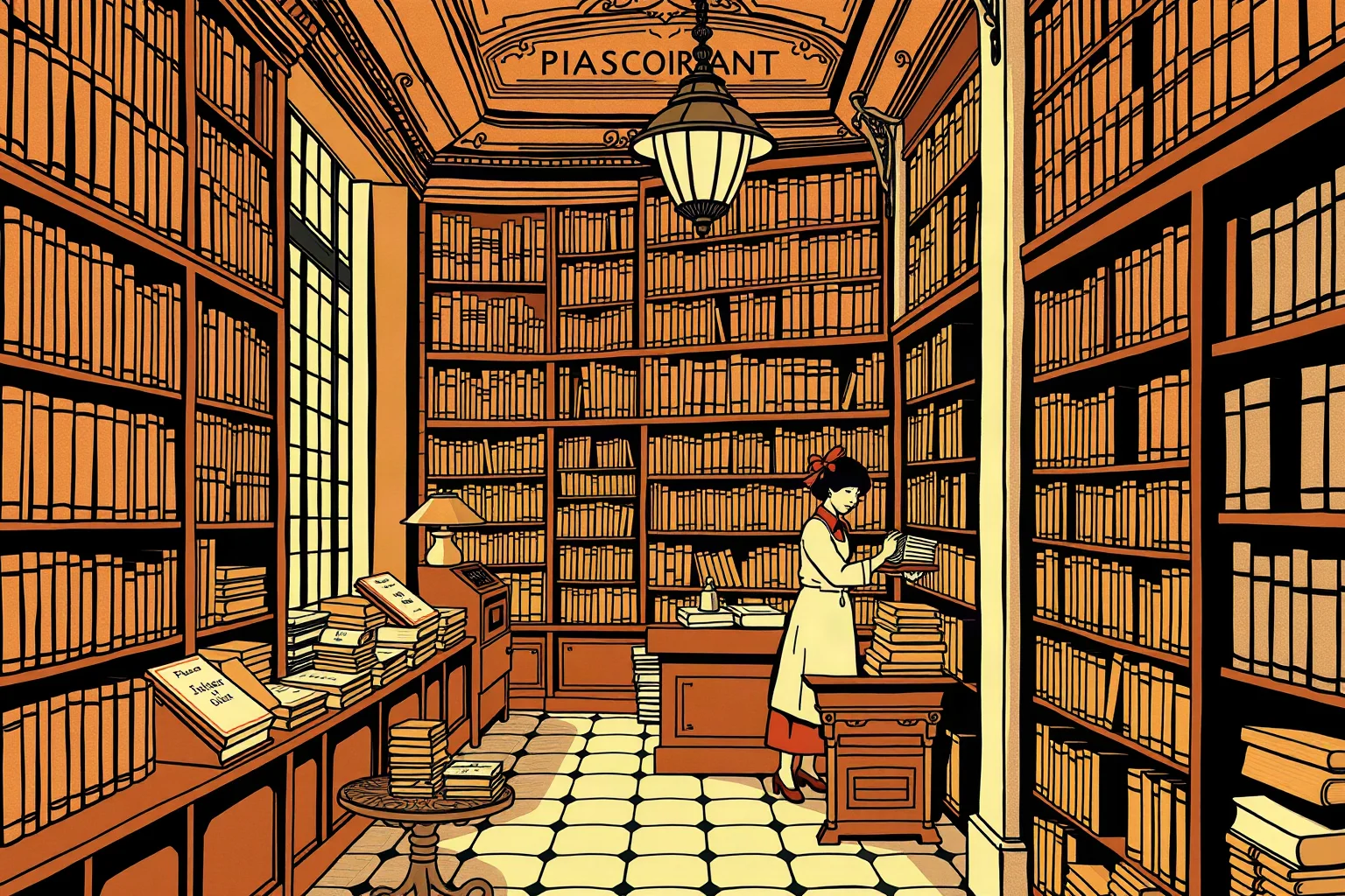 Illustration of a warm, book-lined Paris bookshop interior with a woman bookseller arranging shelves, 1920s style