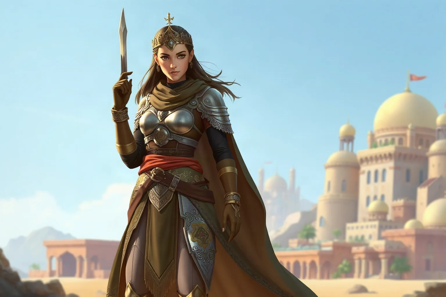 Illustration of a warrior queen in Middle Eastern-inspired armor and robes standing before a desert city skyline