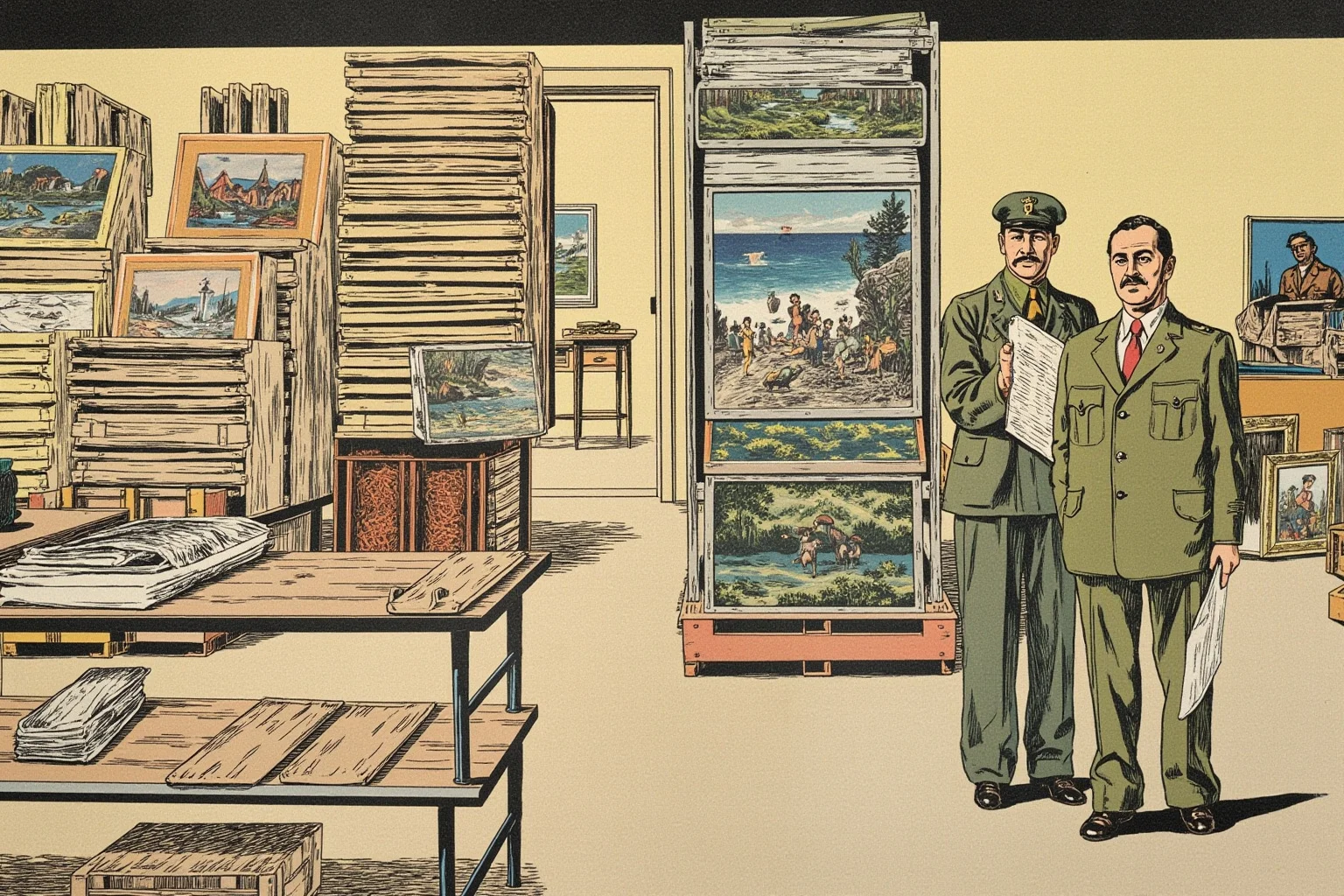 The Louvre Is No Stranger to Losing Millions: Inside the Museum's Biggest Heists 10 Illustration of a wartime-era gallery filled with stacked crated paintings and a clipboard-holding curator observing quietly