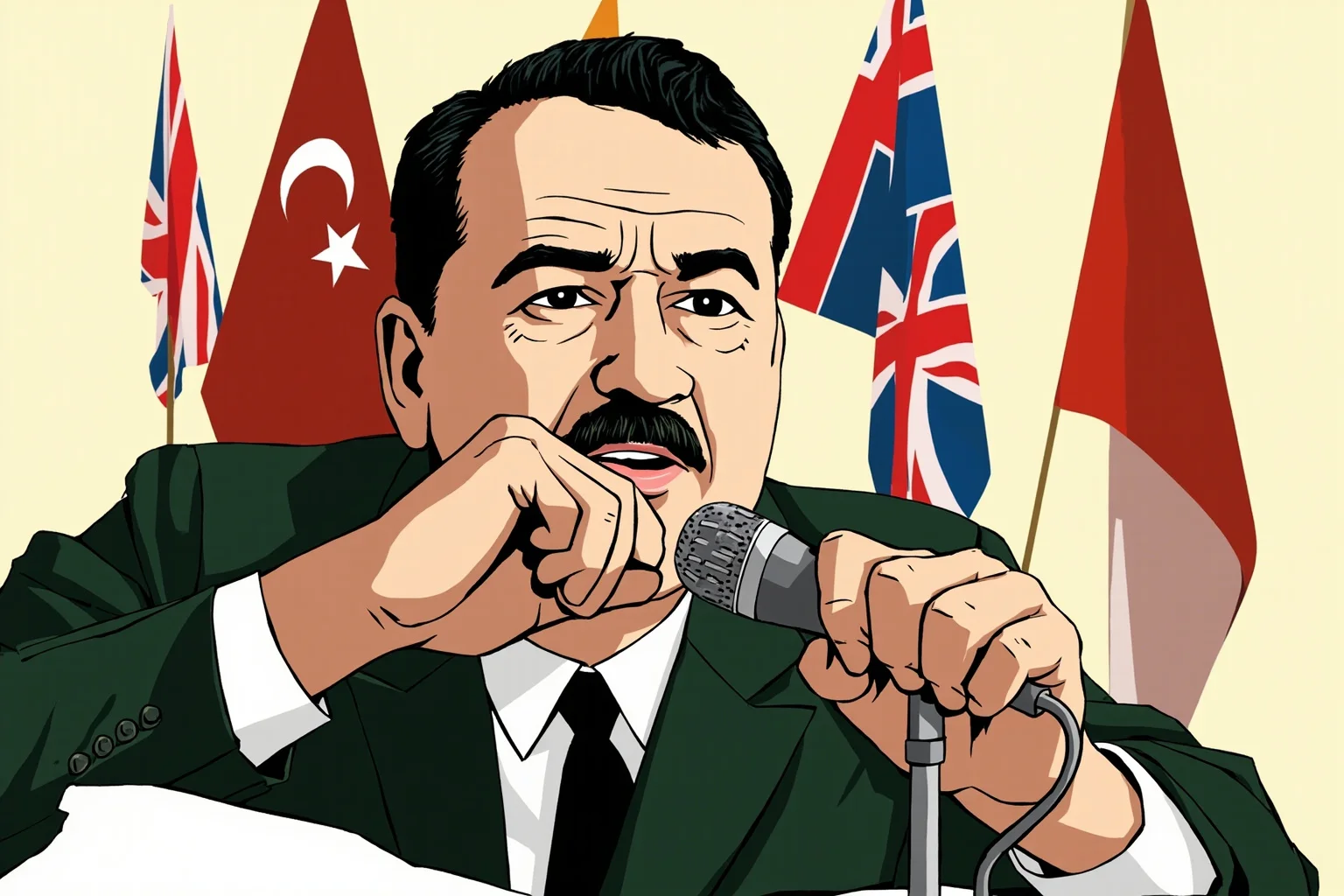 Illustration of a wartime leader speaking into an old-fashioned microphone with Allied flags in the background