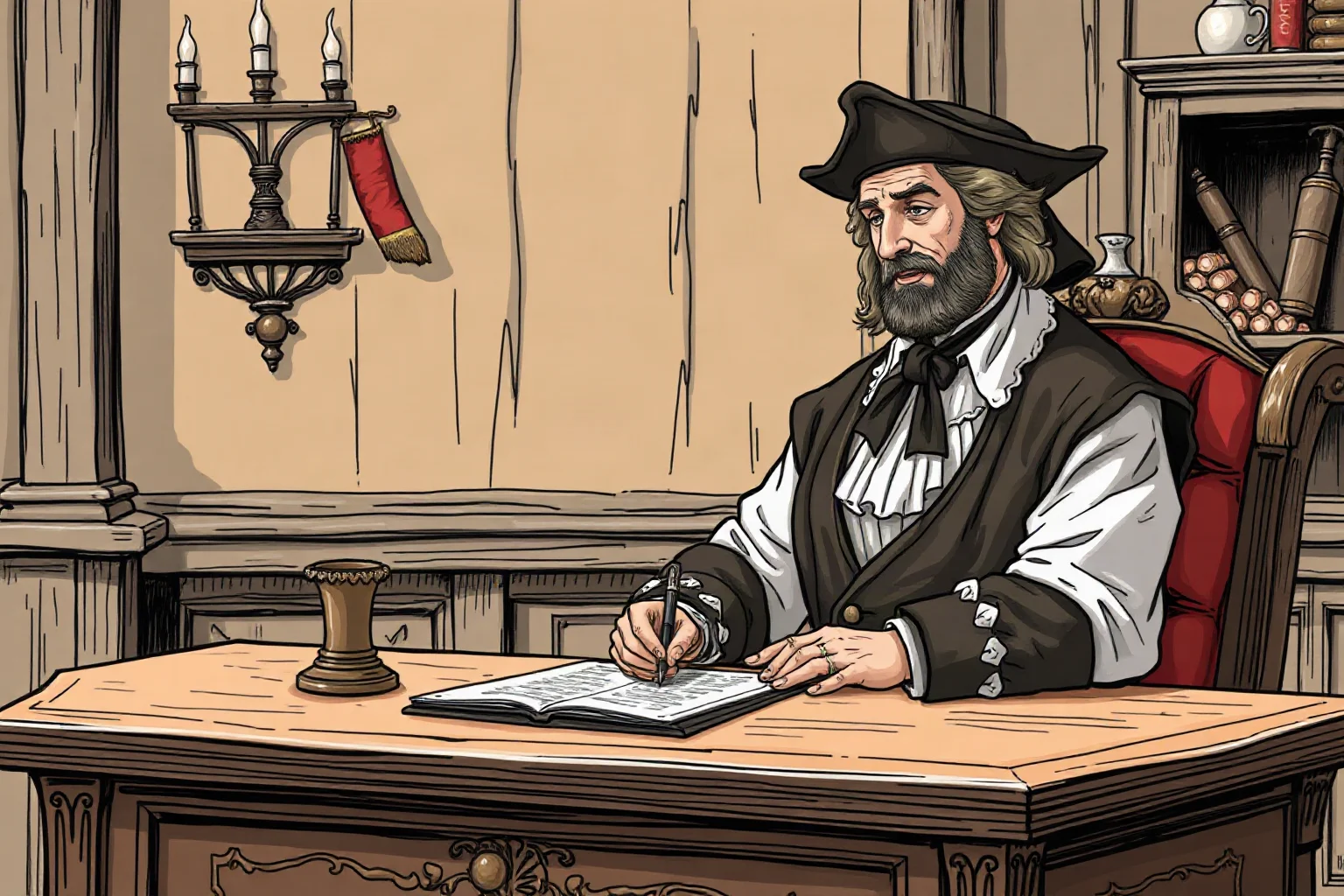 Illustration of a wealthy colonial merchant signing a document at an ornate wooden desk
