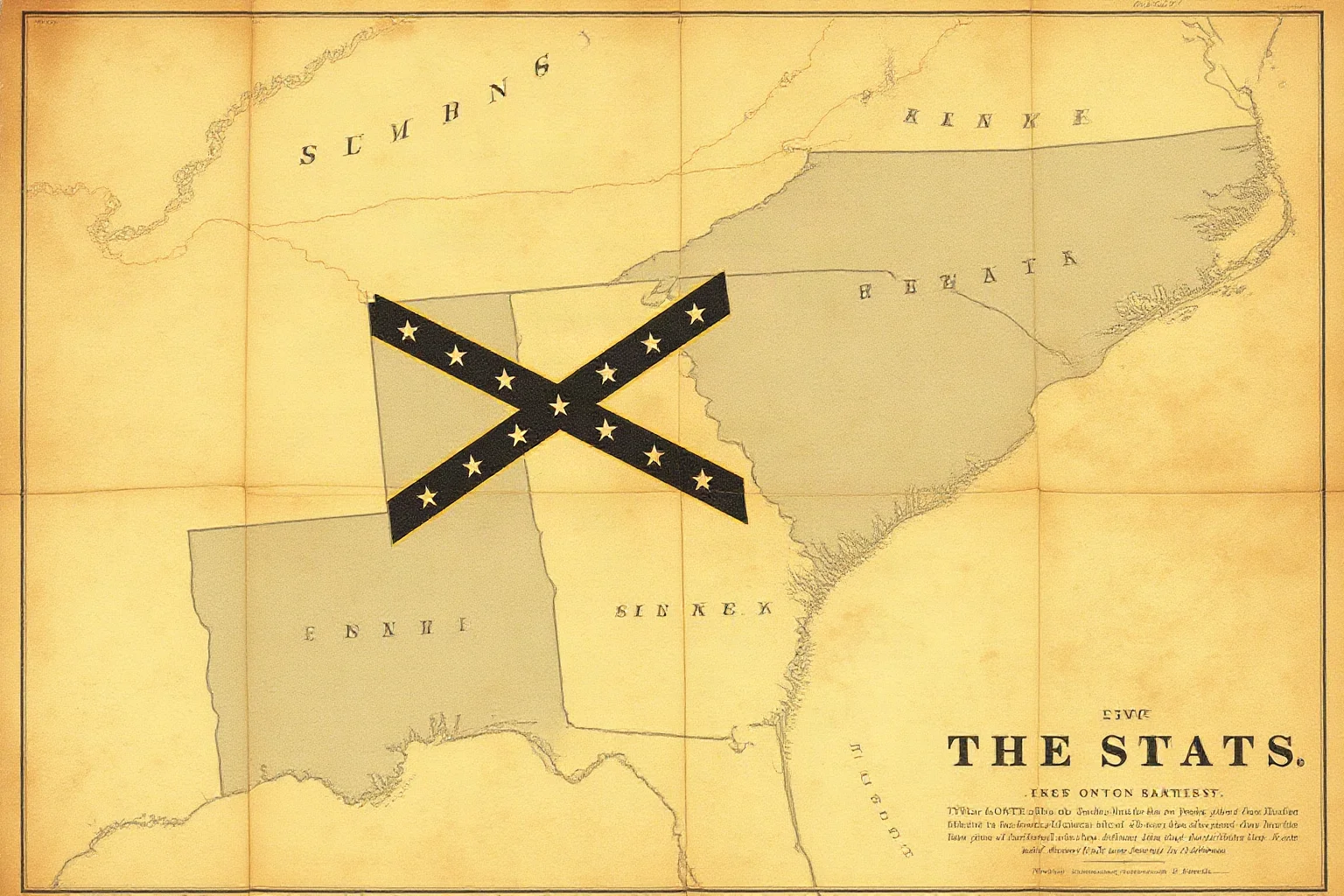 Illustration of a weathered 1860s map of the southeastern United States with eleven Confederate states highlighted in gray