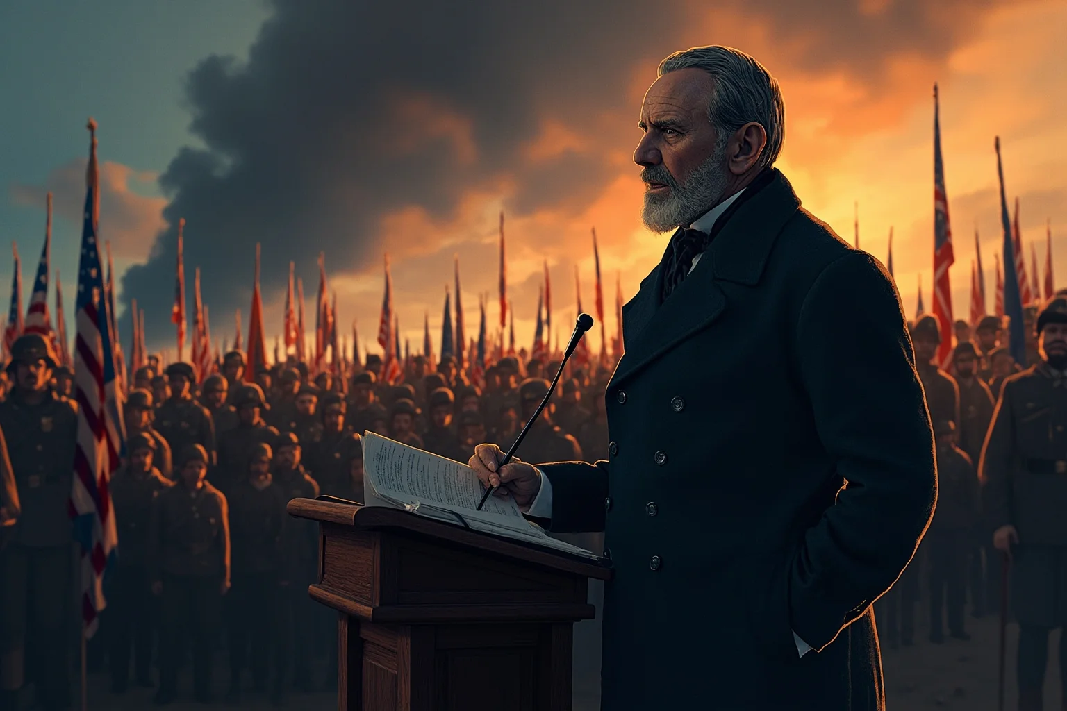 Illustration of a weathered 19th-century president giving a quiet, reflective speech near the end of a long war, dusk lighting