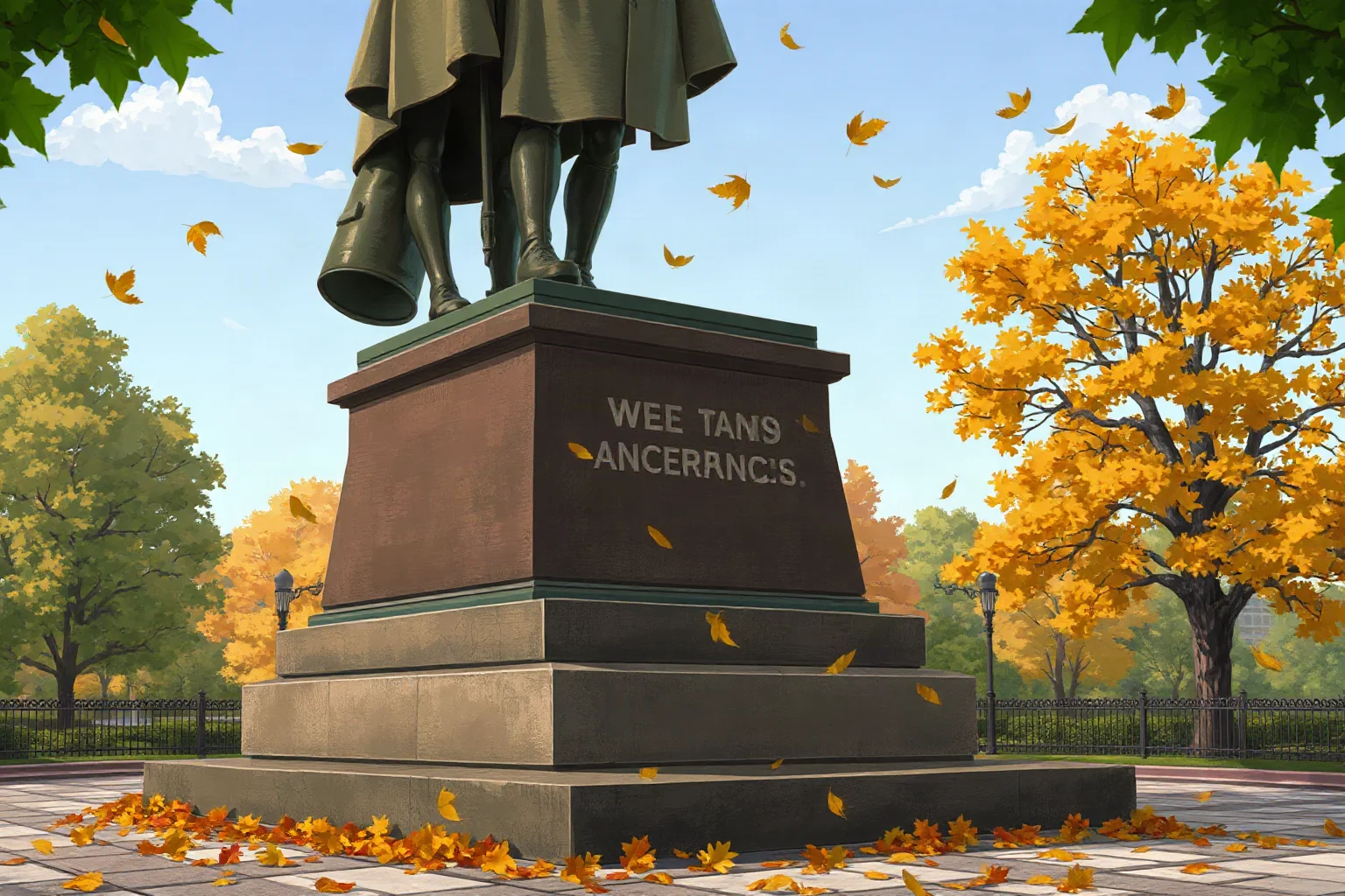 Illustration of a weathered bronze military statue in a park, autumn leaves scattered around its base