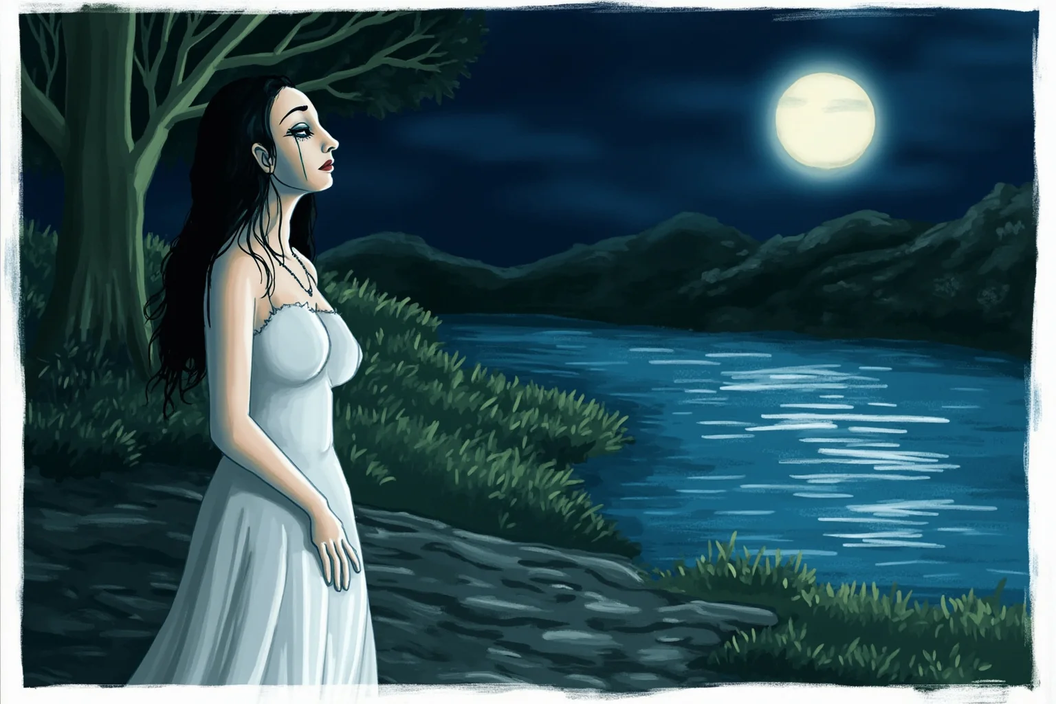 Illustration of a weeping woman in a white dress standing beside a moonlit river, evoking La Llorona