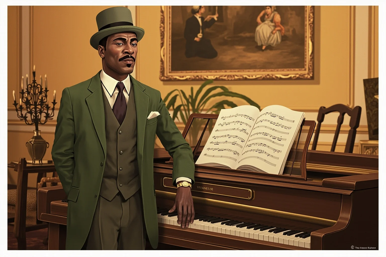 Illustration of a well-dressed 1920s Black writer and diplomat standing beside a piano, sheet music visible, warm formal setting