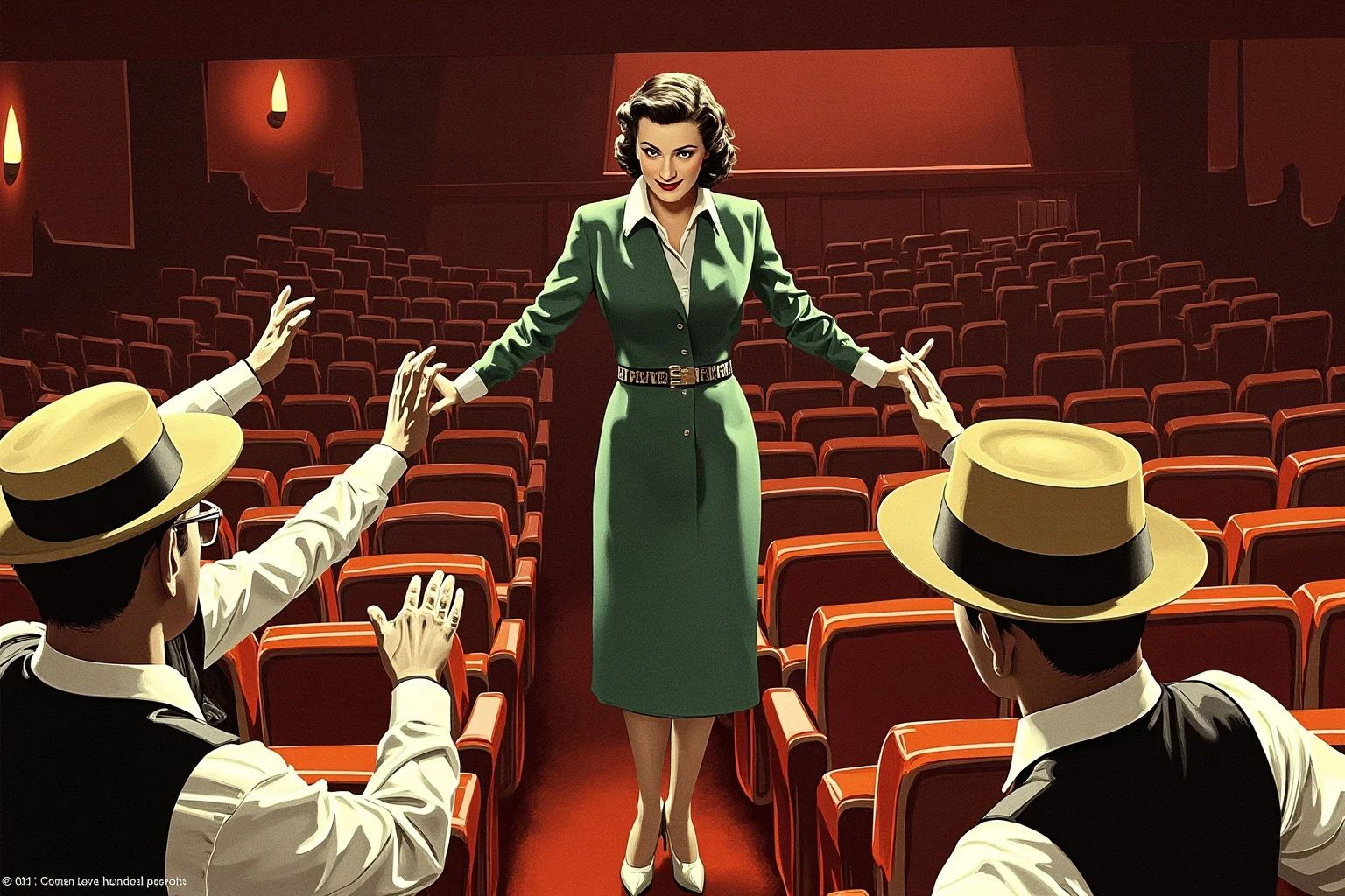 Unsung Heroes History Doesn't Talk About Enough 20 Illustration of a well-dressed 1940s woman standing firmly in the aisle of an old movie theater, ushers gesturing toward her