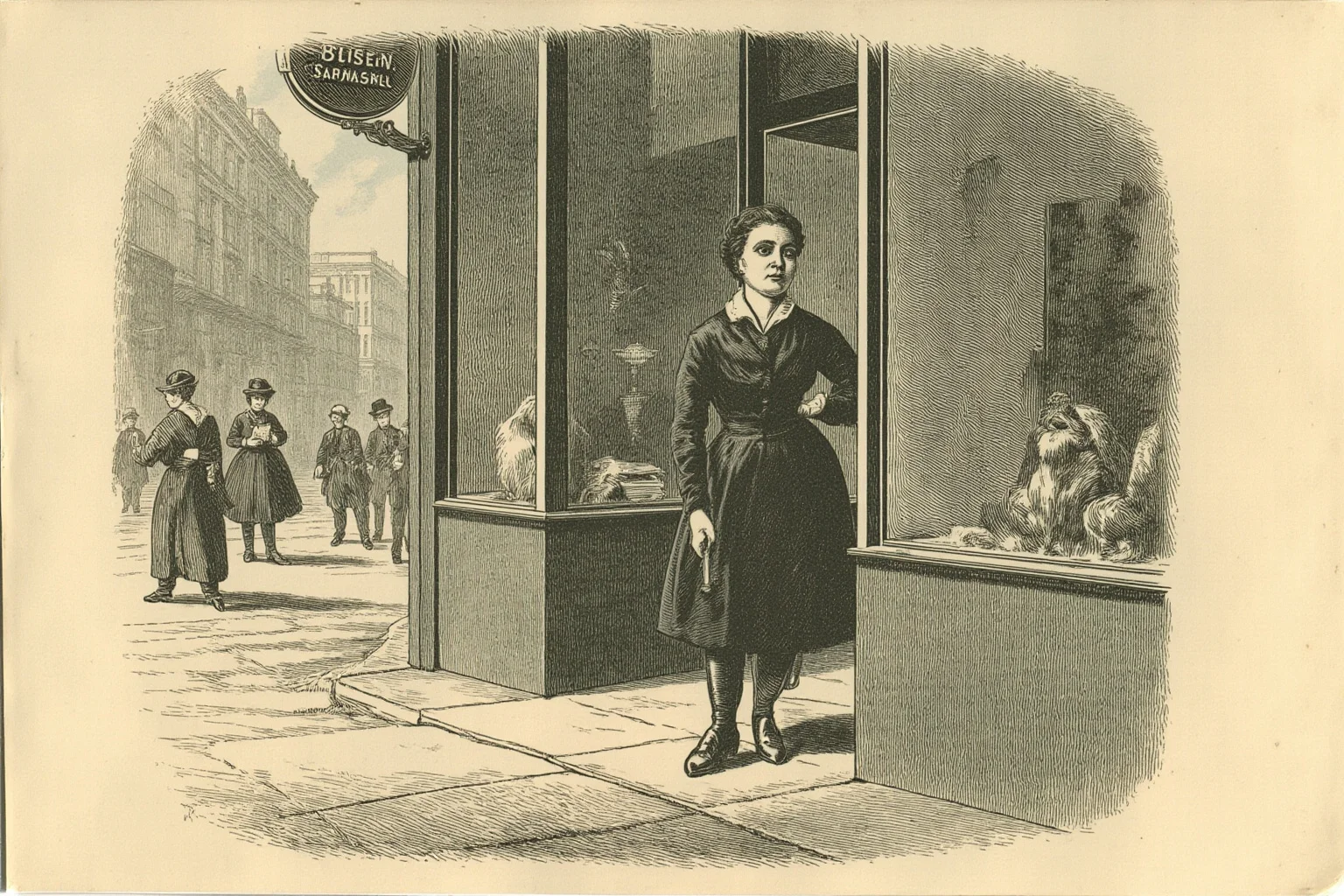Unsung Heroes History Doesn't Talk About Enough 11 Illustration of a well-dressed 19th-century businesswoman standing confidently outside a storefront in a historic San Francisco street scene