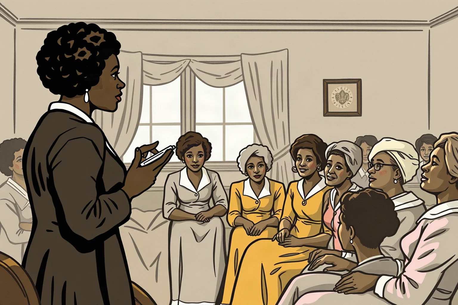 Illustration of a well-dressed Black woman addressing a room of seated women at a community organization meeting, early 20th century