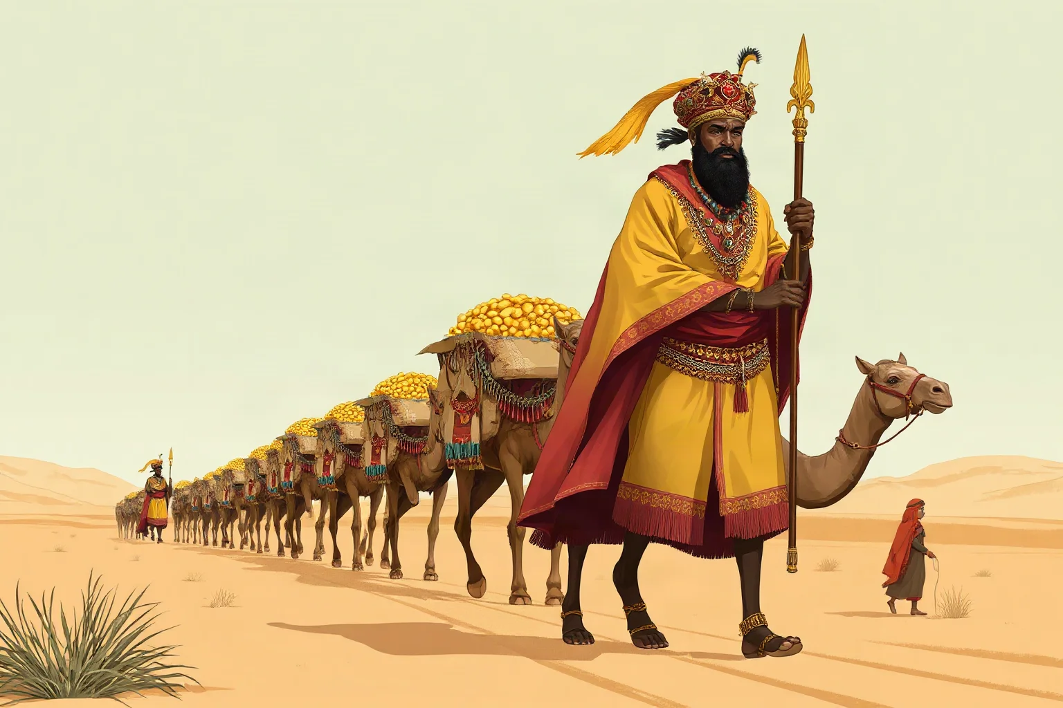 Illustration of a West African ruler in royal regalia leading a caravan laden with gold across the desert