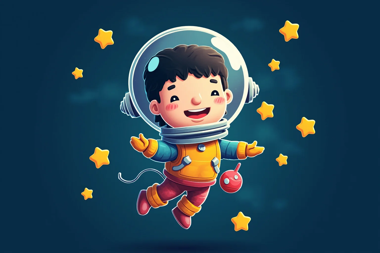 Illustration of a whimsical cartoon-style toy astronaut figure floating among stars, playful sci-fi aesthetic