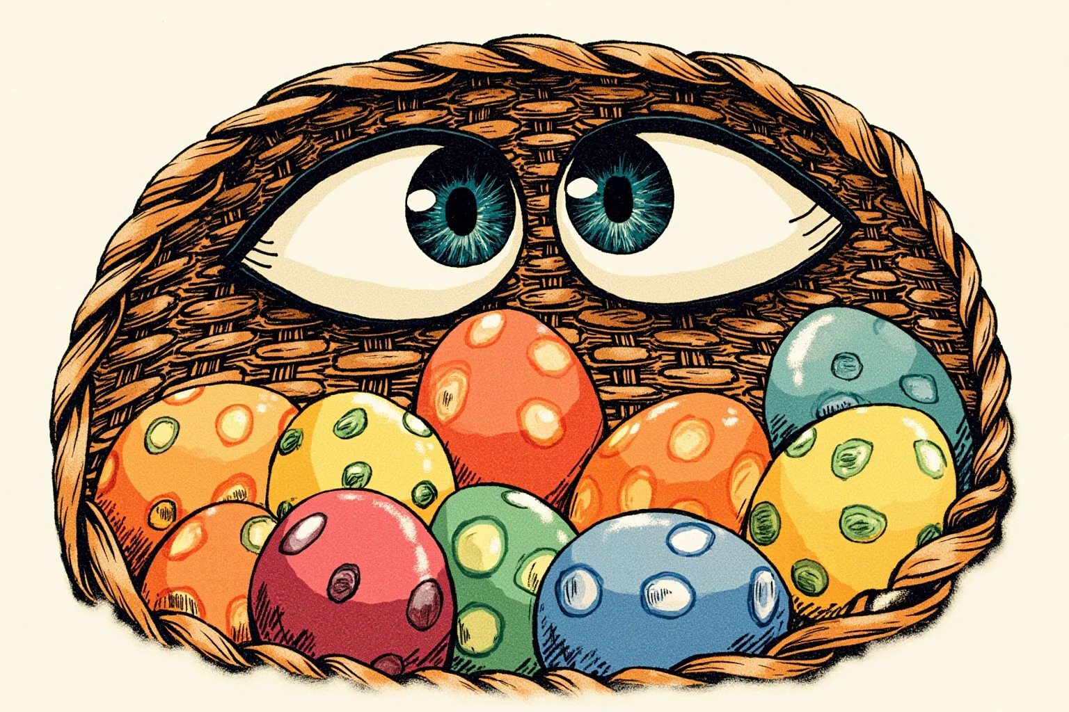 26 Famous Mark Twain Quotes (And the Ones He Never Actually Said) 2 Illustration of a wicker basket filled with painted eggs being watched closely by a pair of eyes