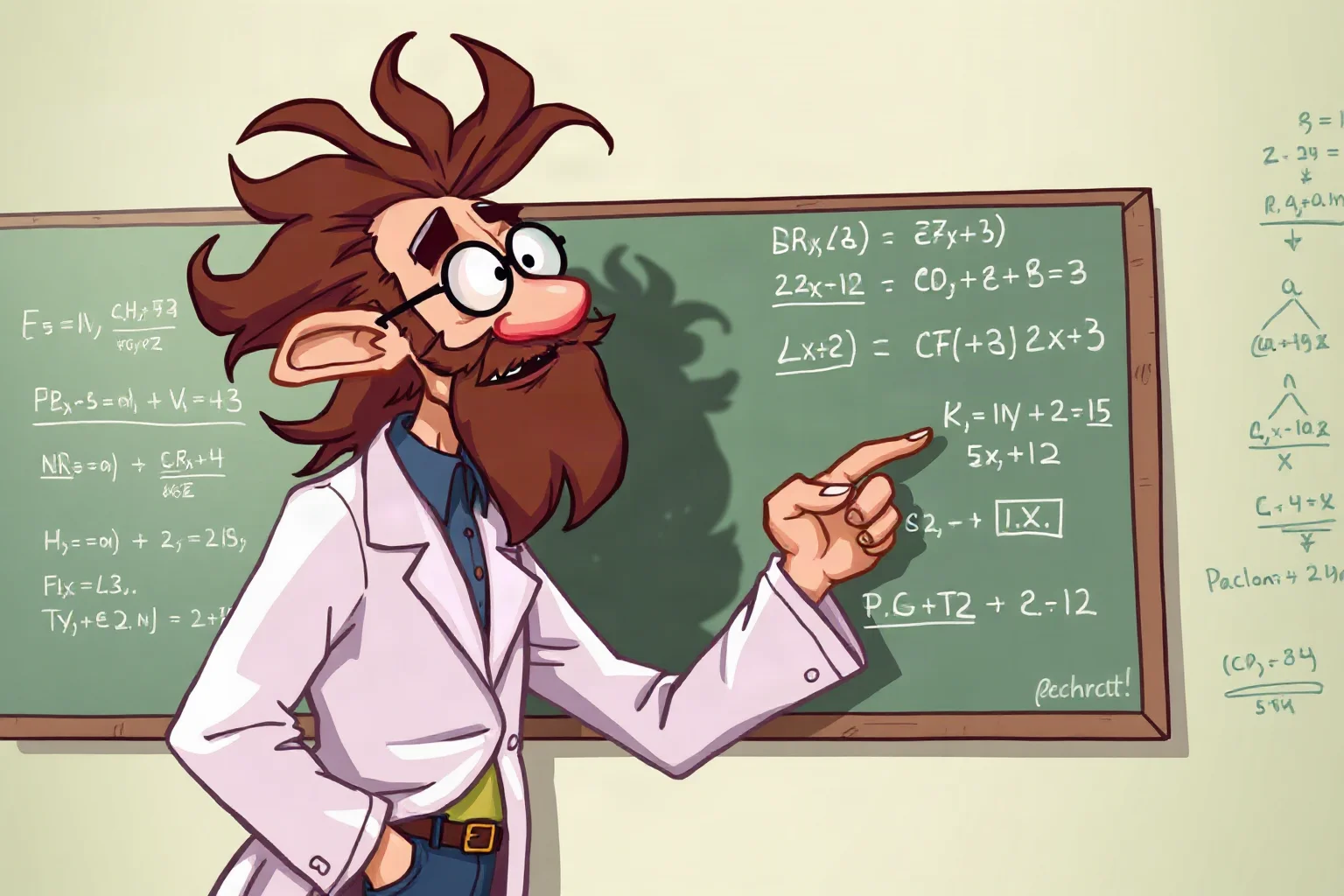 Illustration of a wild-haired scientist at a chalkboard filled with equations, mid-explanation