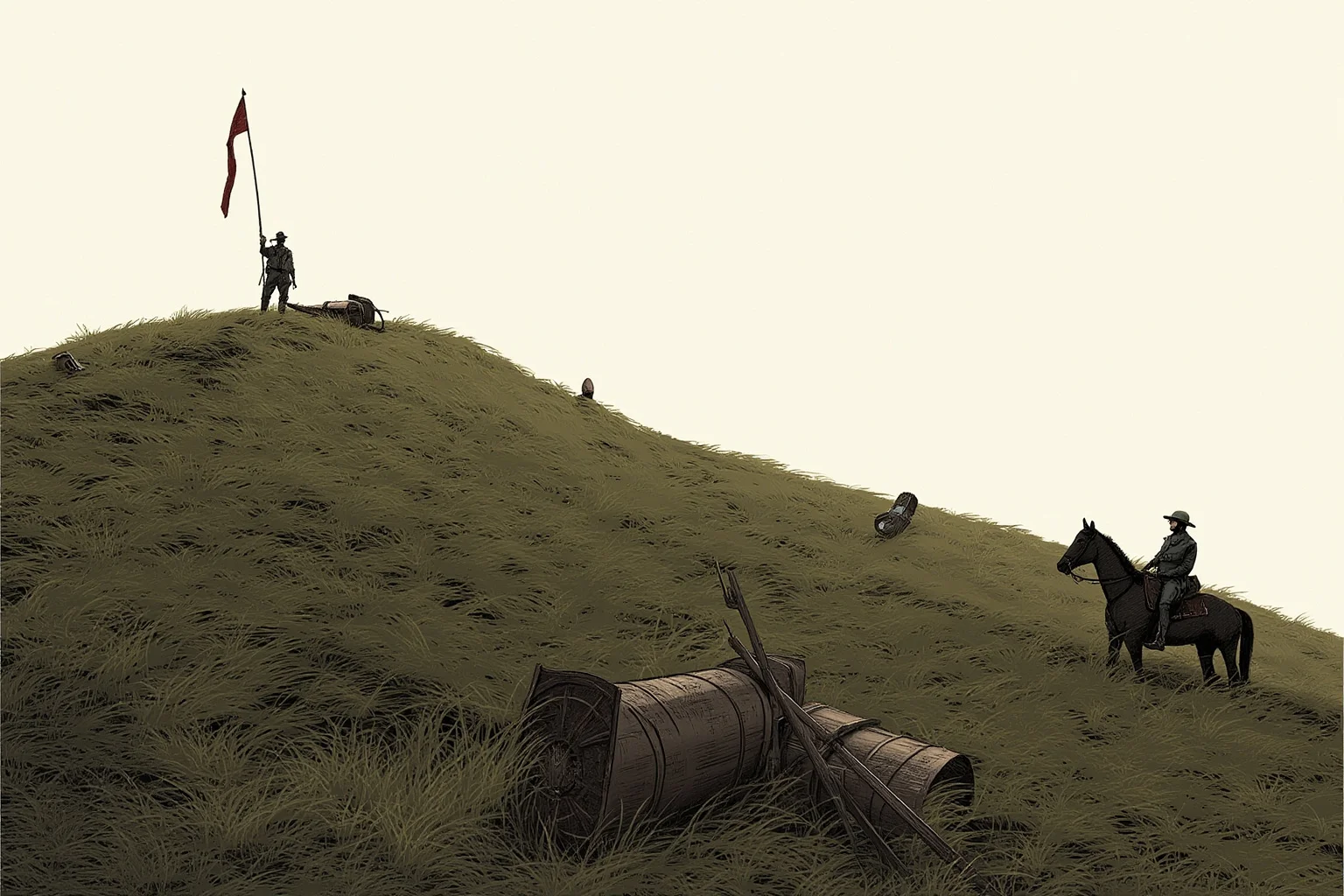Illustration of a windswept grassy hill with scattered cavalry equipment and a lone flag, somber tone, no visible faces