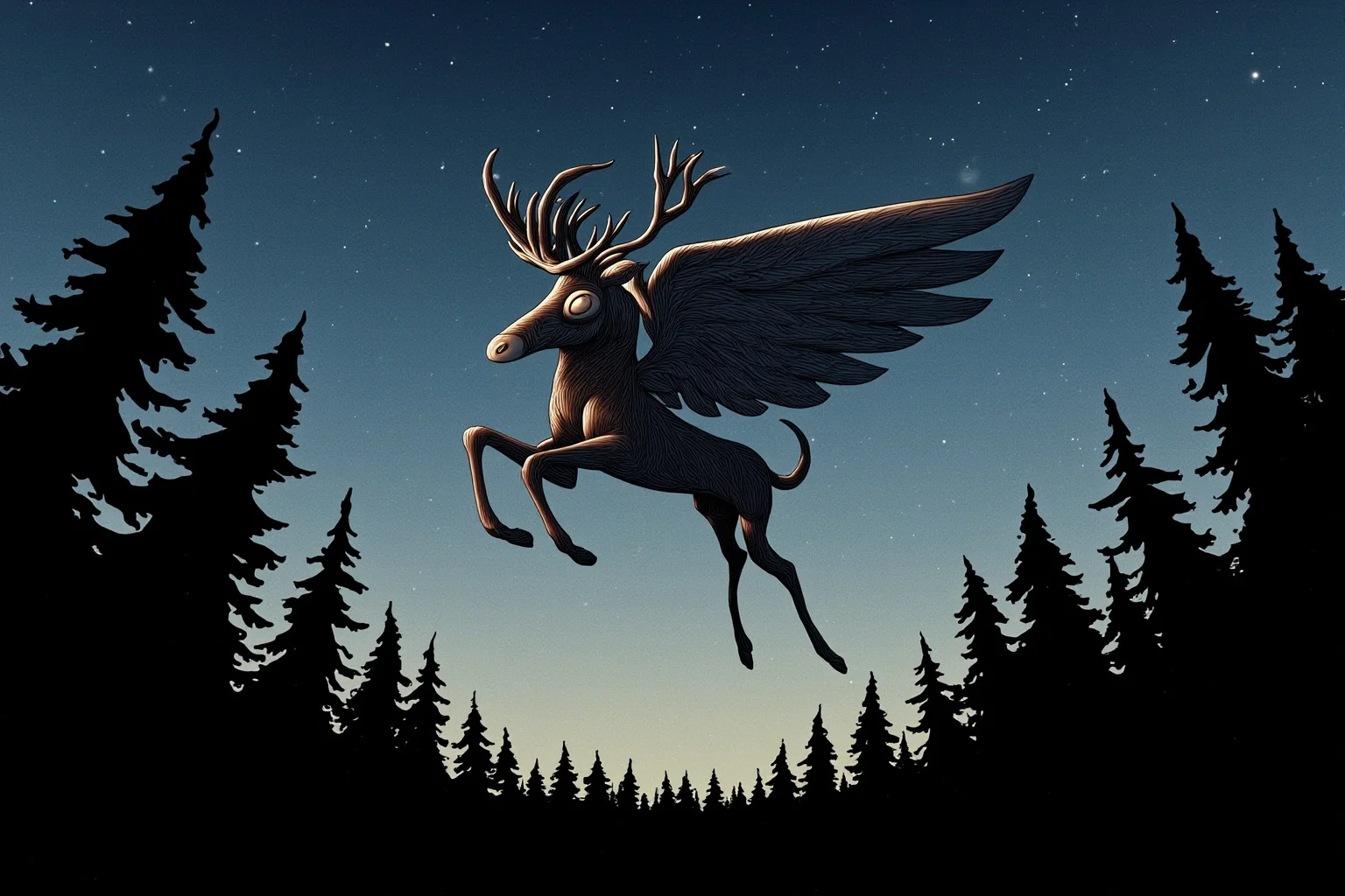 Illustration of a winged, hooved creature flying over dark New Jersey pine forest silhouettes