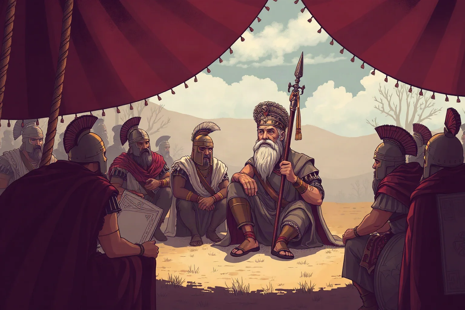 Illustration of a wise elderly ancient Greek king speaking to seated warriors in a war tent