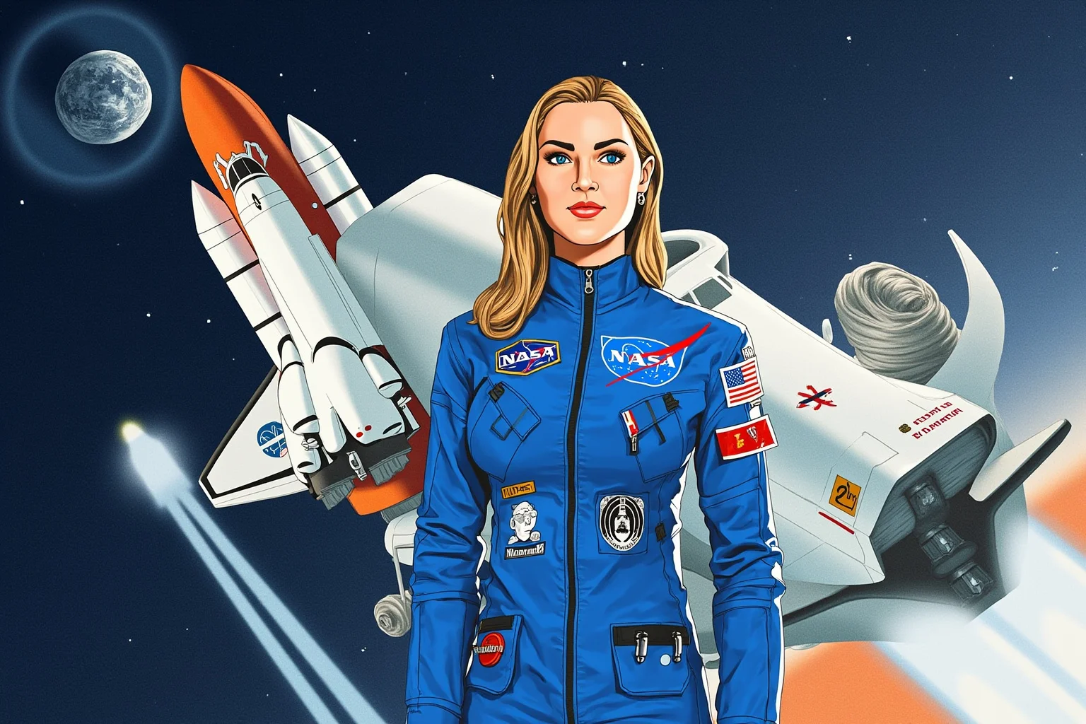 Illustration of a woman astronaut in a blue NASA flight suit standing beside a space shuttle model, contemplative expression
