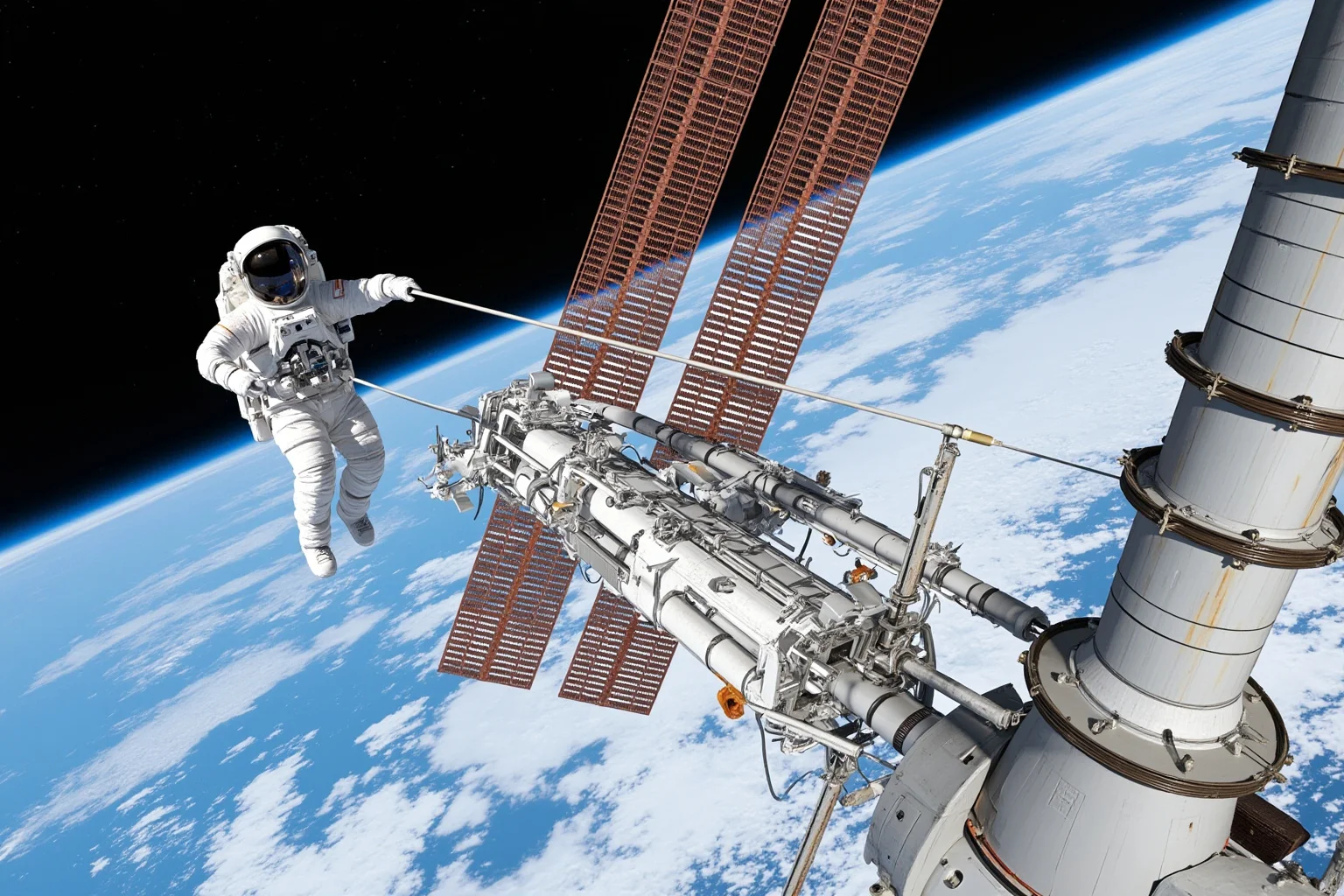 Illustration of a woman astronaut in a white spacesuit performing a spacewalk with long tethers near a space station truss