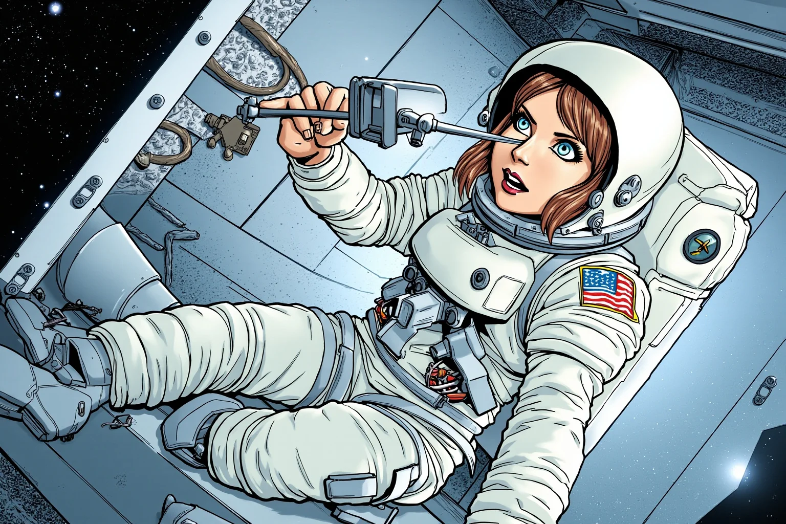 Illustration of a woman astronaut in a white spacesuit conducting a science experiment aboard a space shuttle mid-deck
