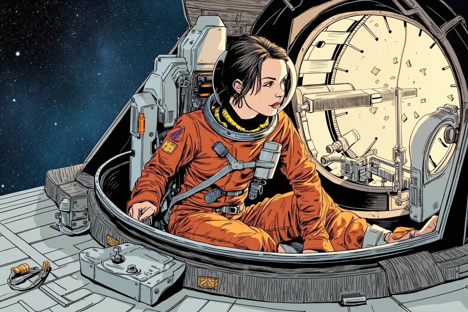 Illustration of a woman astronaut in an orange flight suit working with optical equipment inside a shuttle cargo bay