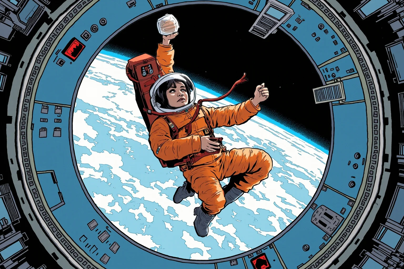 Illustration of a woman astronaut in an orange shuttle-era flight suit floating weightless inside a spacecraft cabin