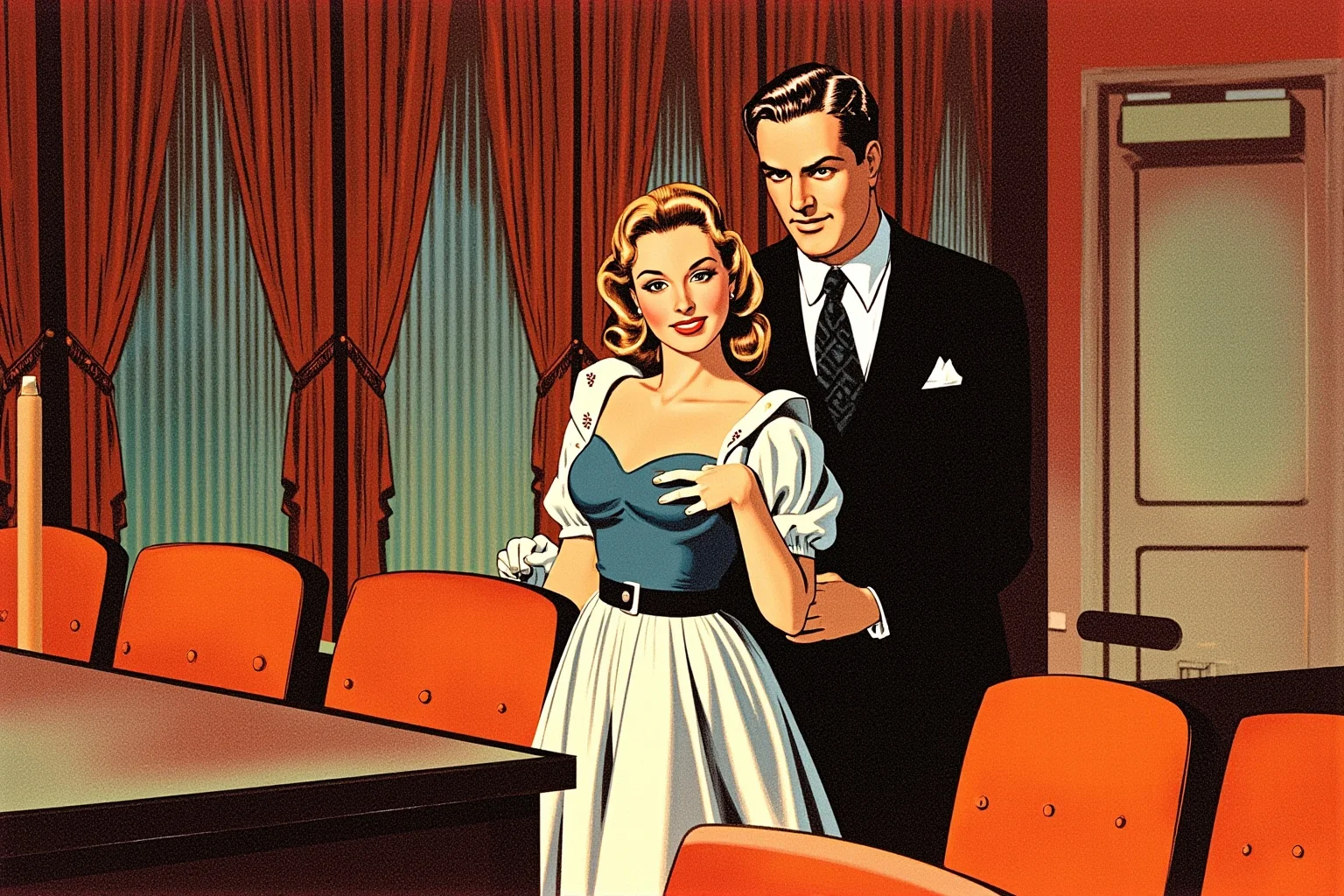 Illustration of a woman being escorted out of a mid-century movie theater by an usher, 1940s style