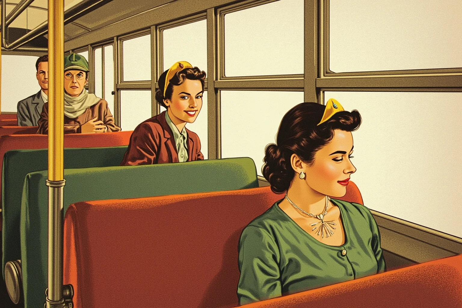 Illustration of a woman calmly sitting in a segregated bus seat while other passengers look on, 1950s style