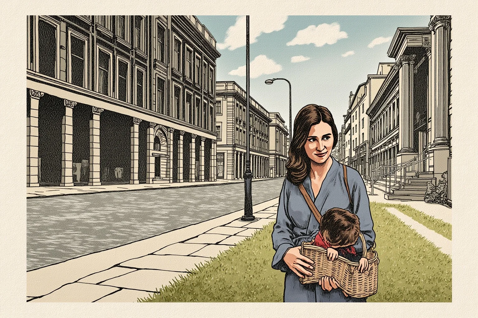 Illustration of a woman hiding a child in a basket near a checkpoint, wartime European city backdrop