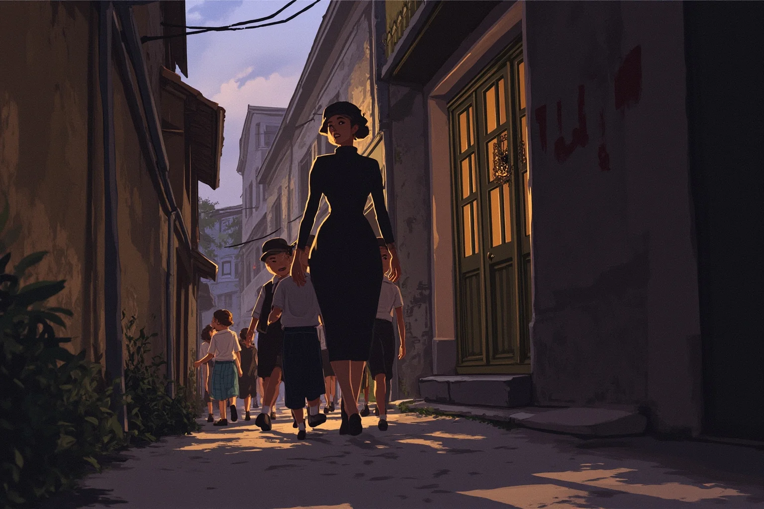 Unsung Heroes History Doesn't Talk About Enough 16 Illustration of a woman in 1940s clothing carefully guiding a small group of children through a narrow European alleyway at dusk